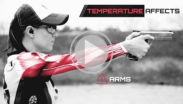 Female Pistol Shooter Overlaid with Graphics of the Affect of Temperature